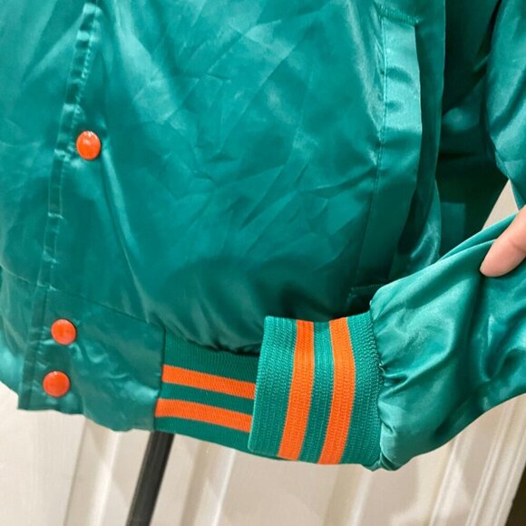 VINTAGE 80’ RETRO BOMBER SATIN JACKET NFL MIAMI DOLPHINS  TEAL/ORANGE SIZE L - Picture 9 of 16